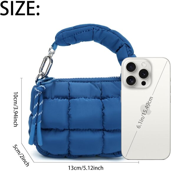 Women's Blue Mini Quilted Wristlet Pouch Cute Charm Gift Puffer Evening Handbag - Picture 4 of 7